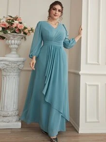 SHEIN Belle 大碼泡泡袖圍裹下擺超長雪紡伴娘洋裝 - 淺藍色 - 查看 5