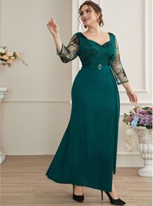 Modelyn Plus Contrast Floral Mesh Sweetheart Neck Rhinestone Decor Dress - Dark Green - View 3