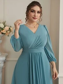 SHEIN Belle 大碼泡泡袖圍裹下擺超長雪紡伴娘洋裝 - 淺藍色 - 查看 6