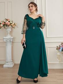 Modelyn Plus Contrast Floral Mesh Sweetheart Neck Rhinestone Decor Dress - Dark Green - View 4