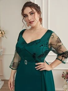 Modelyn Plus Contrast Floral Mesh Sweetheart Neck Rhinestone Decor Dress - Dark Green - View 6