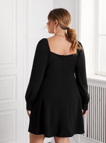 SHEIN Đầm Plus Size Dây kéo Nút phía trước màu trơn Thanh lịch - màu đen - Xem 3