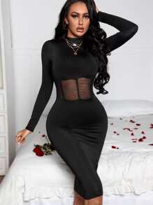 SHEIN SXY 小高領網紗拼接緊身洋裝 - 黑色 - 查看 1