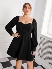 SHEIN Đầm Plus Size Dây kéo Nút phía trước màu trơn Thanh lịch - màu đen - Xem 1