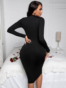 SHEIN SXY 小高領網紗拼接緊身洋裝 - 黑色 - 查看 2