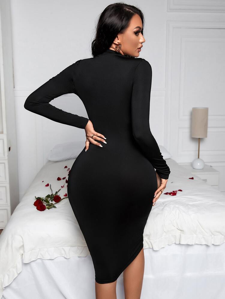 SHEIN SXY 小高領網紗拼接緊身洋裝 - 黑色 - 查看 2