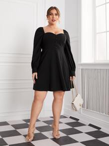 SHEIN Đầm Plus Size Dây kéo Nút phía trước màu trơn Thanh lịch - màu đen - Xem 5