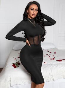 SHEIN SXY 小高領網紗拼接緊身洋裝 - 黑色 - 查看 4