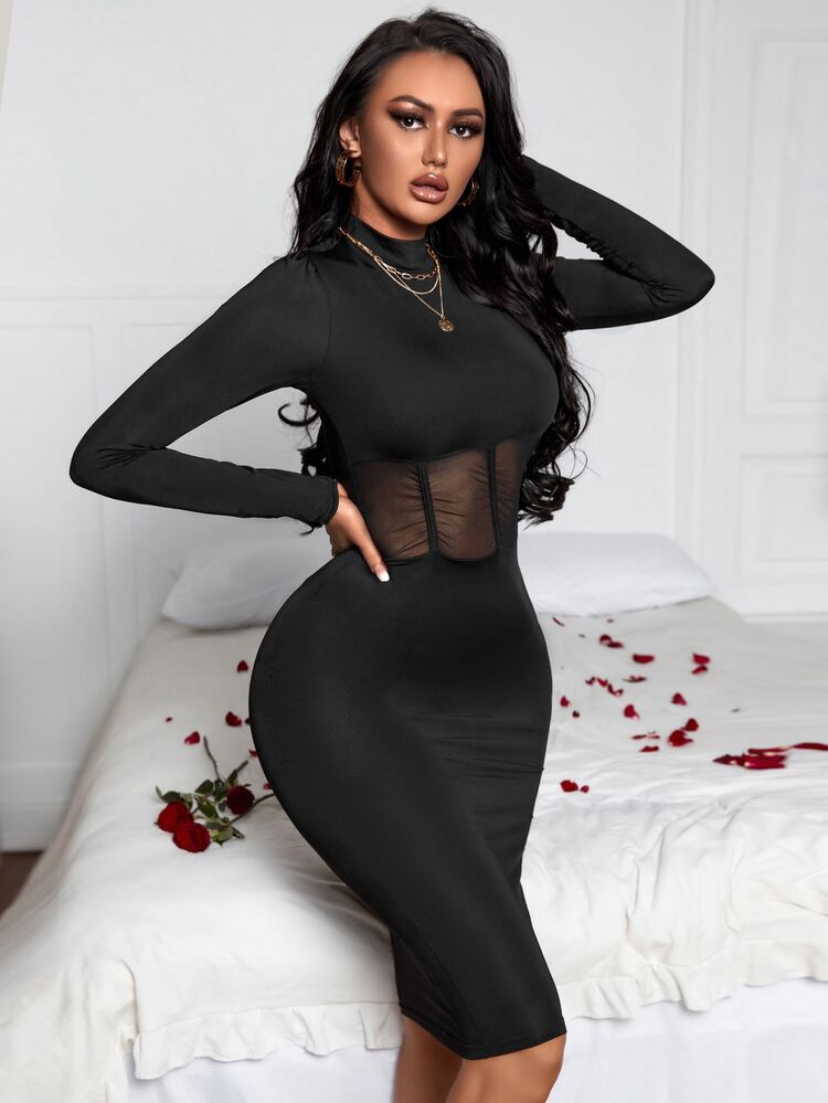 SHEIN SXY 小高領網紗拼接緊身洋裝 - 黑色 - 查看 4