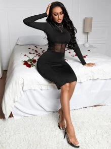 SHEIN SXY 小高領網紗拼接緊身洋裝 - 黑色 - 查看 5