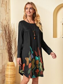 EMERY ROSE Vestido con estampado de dibujo con bolsillo oblicuo - Negro - Ver 4