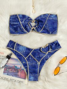 Denim Effect Heart Linked Bandeau Bikini - Blue - View 6