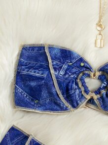 Denim Effect Heart Linked Bandeau Bikini - Blue - View 3
