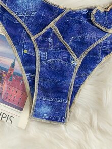 Denim Effect Heart Linked Bandeau Bikini - Blue - View 4