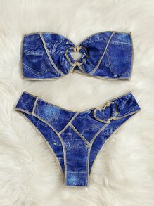 Denim Effect Heart Linked Bandeau Bikini - Blue - View 7