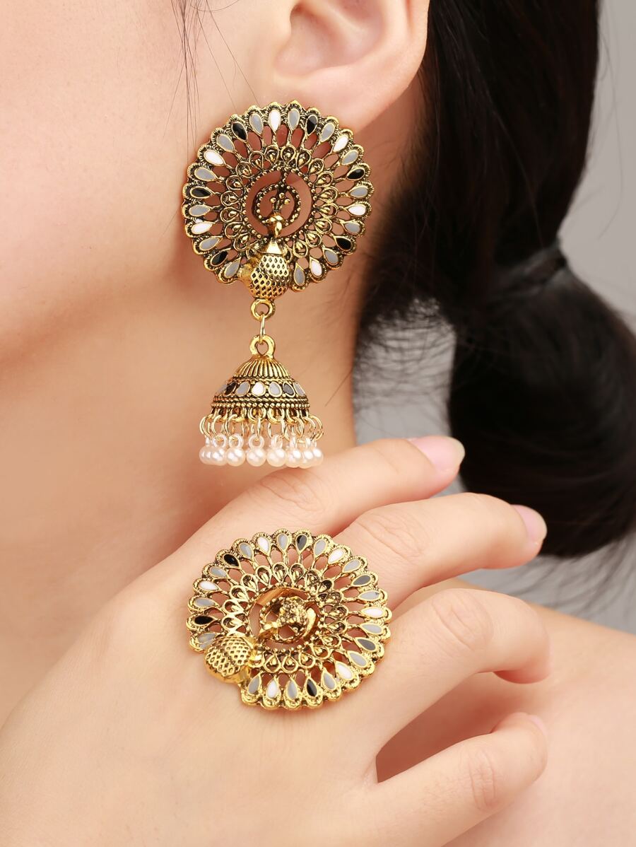 1 đôi bông tai và 1 chiếc nhẫn dành cho phụ nữ đeo hàng ngày - Vàng - Xem 1