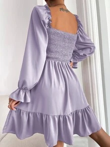 Chiquease Square Neck Shirred Bodice Flounce Sleeve Ruffle Hem Dress - Lilac Purple - View 2