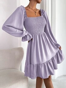 Chiquease Square Neck Shirred Bodice Flounce Sleeve Ruffle Hem Dress - Lilac Purple - View 3