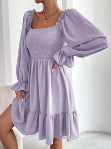 Chiquease Square Neck Shirred Bodice Flounce Sleeve Ruffle Hem Dress - Lilac Purple - View 4