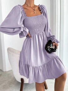 Chiquease Square Neck Shirred Bodice Flounce Sleeve Ruffle Hem Dress - Lilac Purple - View 6