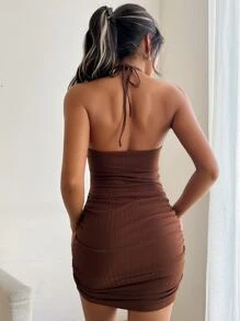 Đầm Lộ Lưng Xù Buộc lại màu trơn Gợi cảm - Cà phê nâu - Xem 2