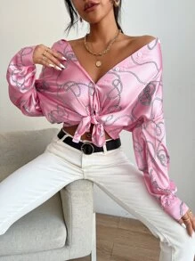 SHEIN Privé 落肩袖繩索印花燈籠袖襯衫