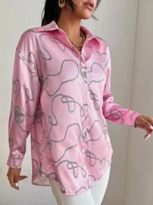 SHEIN Privé 落肩袖繩索印花燈籠袖襯衫