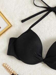 Solid Thong Bikini For Summer Beach - Black - View 4