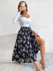 Chiquease Falda larga con volantes en el bajo y estampado floral total para conjunto de mujer - Multicolor - Ver 4