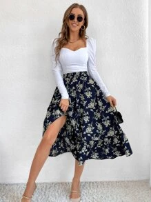 Chiquease Falda larga con volantes en el bajo y estampado floral total para conjunto de mujer - Multicolor - Ver 5