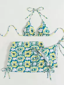 Swim Vcay Summer Beach 3packs Floral Print Triangle Bikini With Cover Up Skirt - Multicolor - View 5