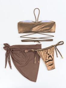 3packs Satin Thong Bikini With Mesh Cover Up Skirt - Mocha Brown - View 5