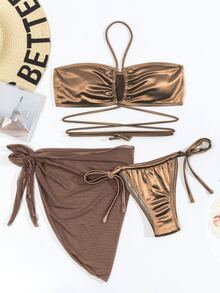3packs Satin Thong Bikini With Mesh Cover Up Skirt - Mocha Brown - View 7