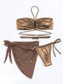 3packs Satin Thong Bikini With Mesh Cover Up Skirt - Mocha Brown - View 8