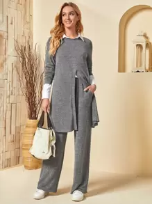 EMERY ROSE 下擺開叉長款上衣不帶襯衫和闊腿褲套裝 - 灰色 - 查看 1
