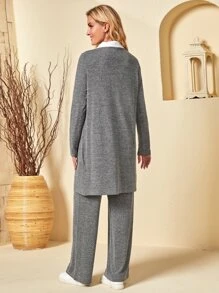 EMERY ROSE 下擺開叉長款上衣不帶襯衫和闊腿褲套裝 - 灰色 - 查看 2