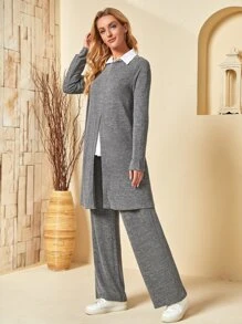 EMERY ROSE 下擺開叉長款上衣不帶襯衫和闊腿褲套裝 - 灰色 - 查看 3