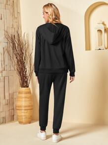 SHEIN Zip Up Hoodie and Joggers Set - Black - View 2