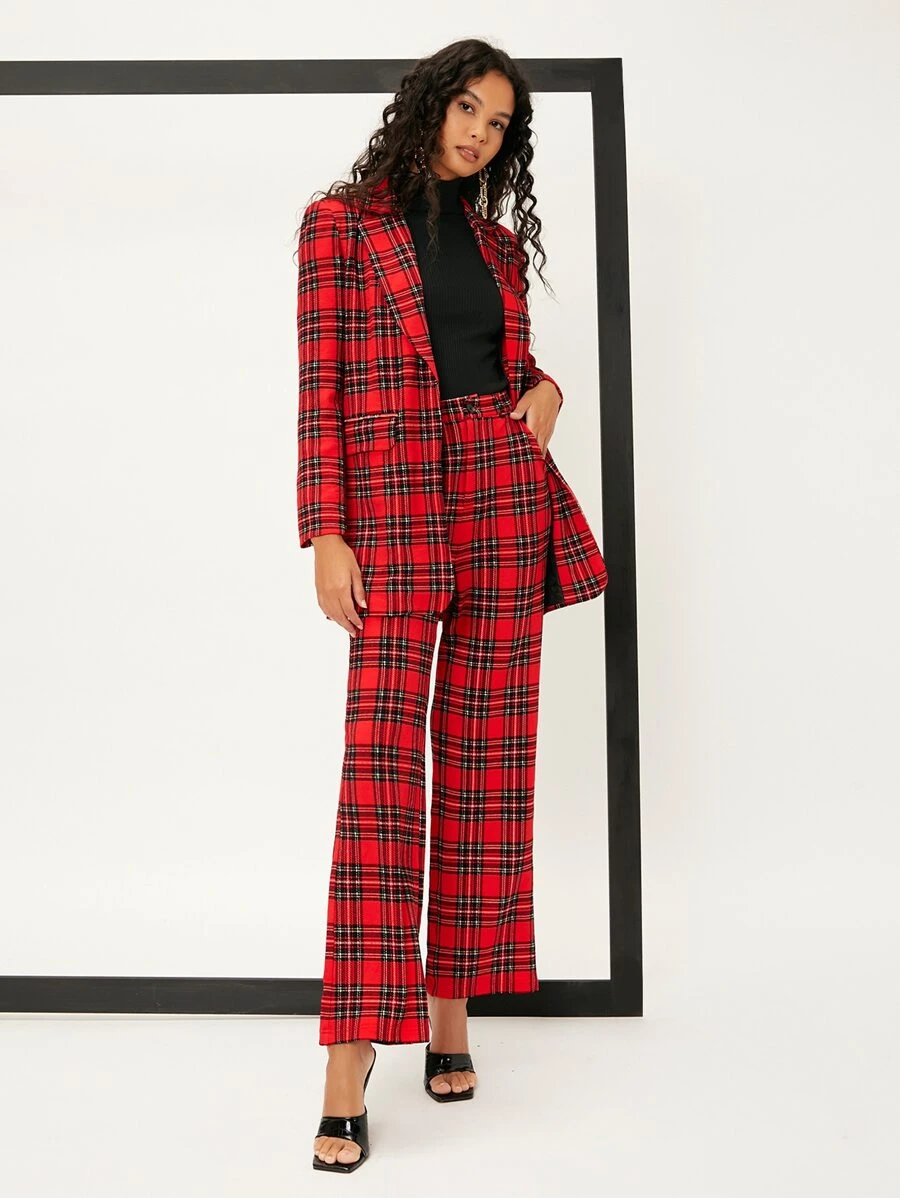 SHEIN 格子呢圖案闊腿褲 - 彩色 - 查看 1