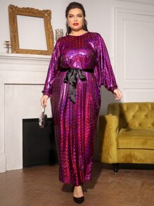 SHEIN Plus Batwing Sleeve Belted Metallic Dress - Purple - View 1