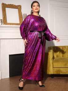 SHEIN Plus Batwing Sleeve Belted Metallic Dress - Purple - View 4