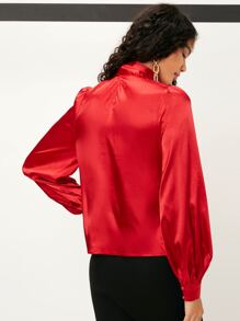 SHEIN Tie Front Keyhole Back Satin Blouse