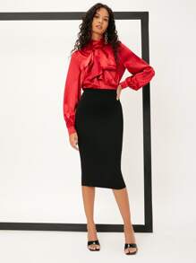 SHEIN Tie Front Keyhole Back Satin Blouse
