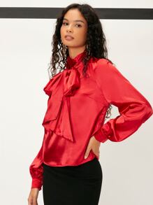 SHEIN Tie Front Keyhole Back Satin Blouse