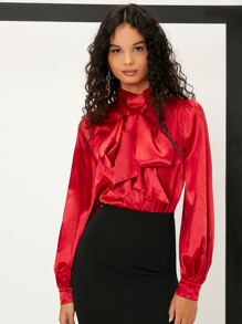 SHEIN Tie Front Keyhole Back Satin Blouse