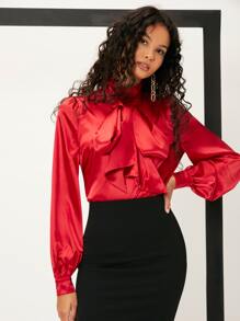 SHEIN Tie Front Keyhole Back Satin Blouse
