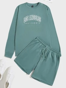 GENTILAND Men Letter Graphic Pullover & Track Shorts Set - Cadet Blue - View 1