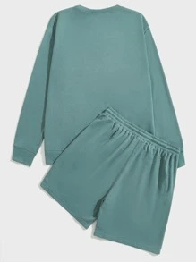 GENTILAND Men Letter Graphic Pullover & Track Shorts Set - Cadet Blue - View 2