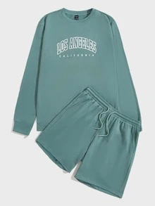 GENTILAND Men Letter Graphic Pullover & Track Shorts Set - Cadet Blue - View 4