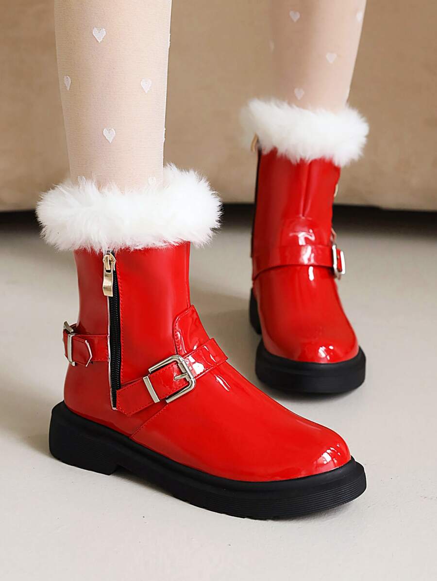 Botas con diseño con hebilla con cremallera lateral de peluche - Rojo - Ver 1